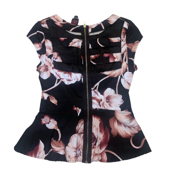 Bebe Peplum Top Blouse Small Dark Floral Cutout Black Pink Wine Short Sleeves - Picture 7 of 11